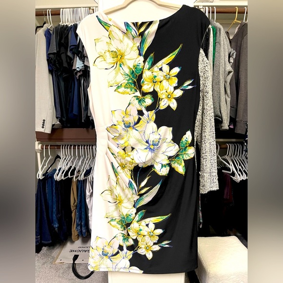 Ralph Lauren, Size 14P, Floral Black & White, Ruched Midi Dress - Picture 3 of 3